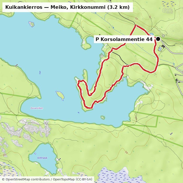 Kuikankierros, 3.2 km — car park top right, the trail runs down to Meikojärvi and around Näseudden cape
