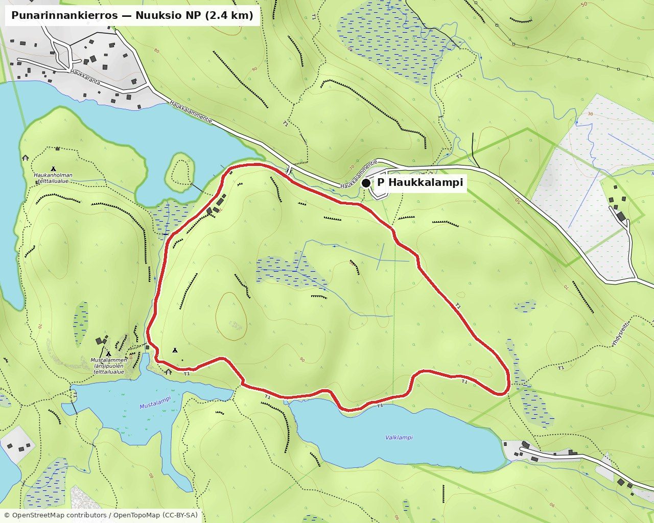 Punarinnankierros, 2.4 km — from the Haukkalampi car park down to Mustalampi and back