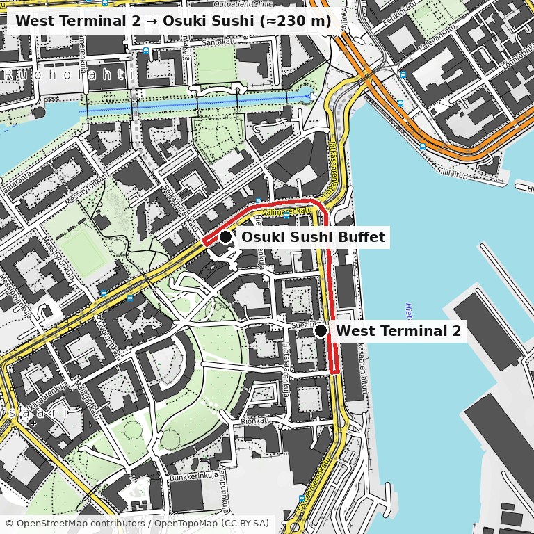 Map from West Terminal 2 to Osuki Sushi Buffet