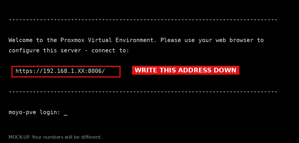 mock Proxmox console with address