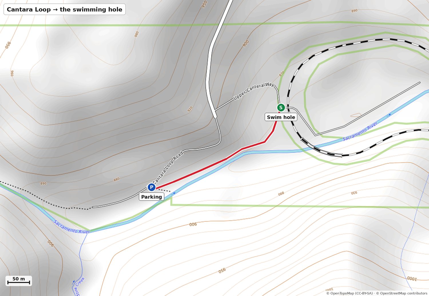 Map of the walk from parking to Cantara Loop swim hole