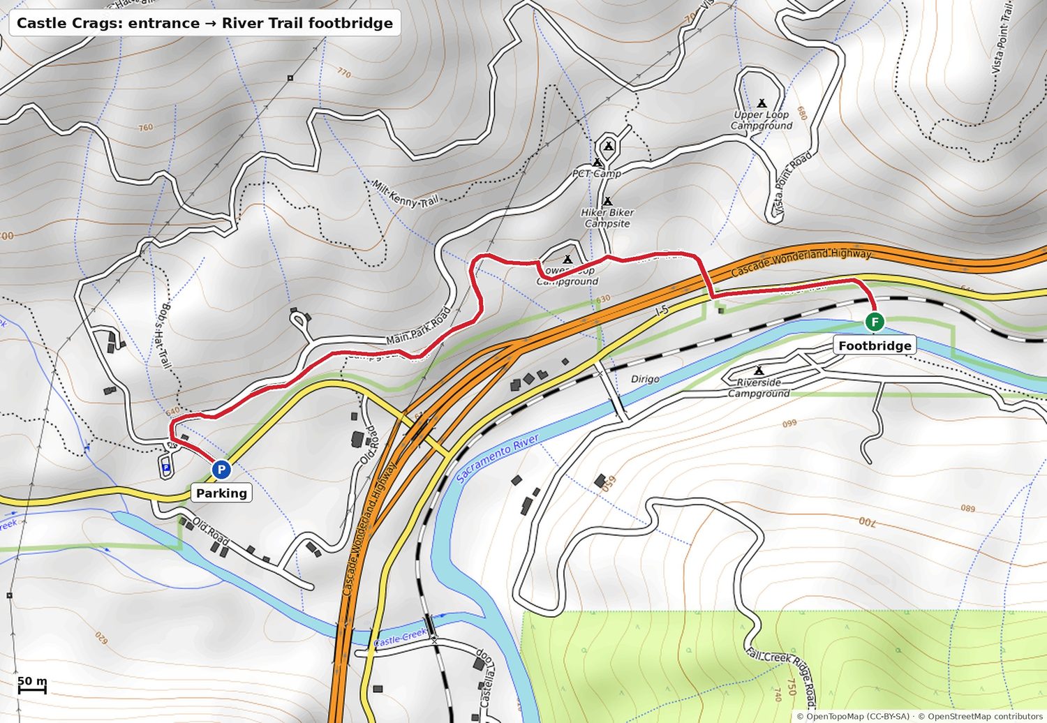 Castle Crags River Trail route