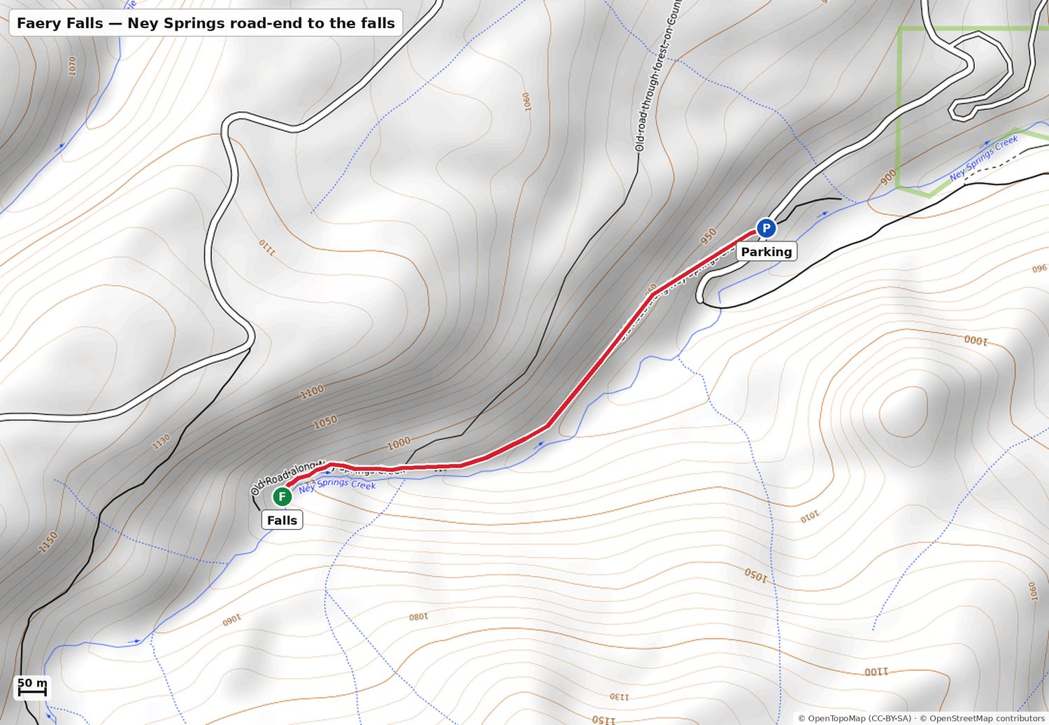 Map of the walk from parking to Faery Falls (Ney Springs)