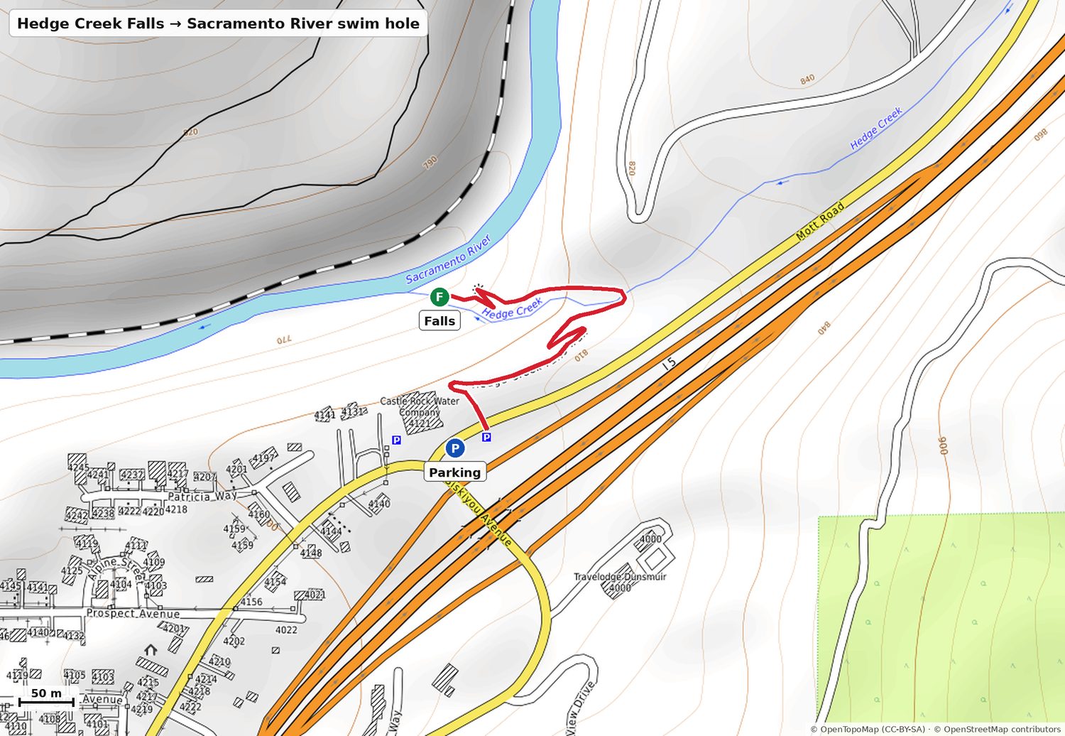 Map of the walk from parking to Hedge Creek Falls
