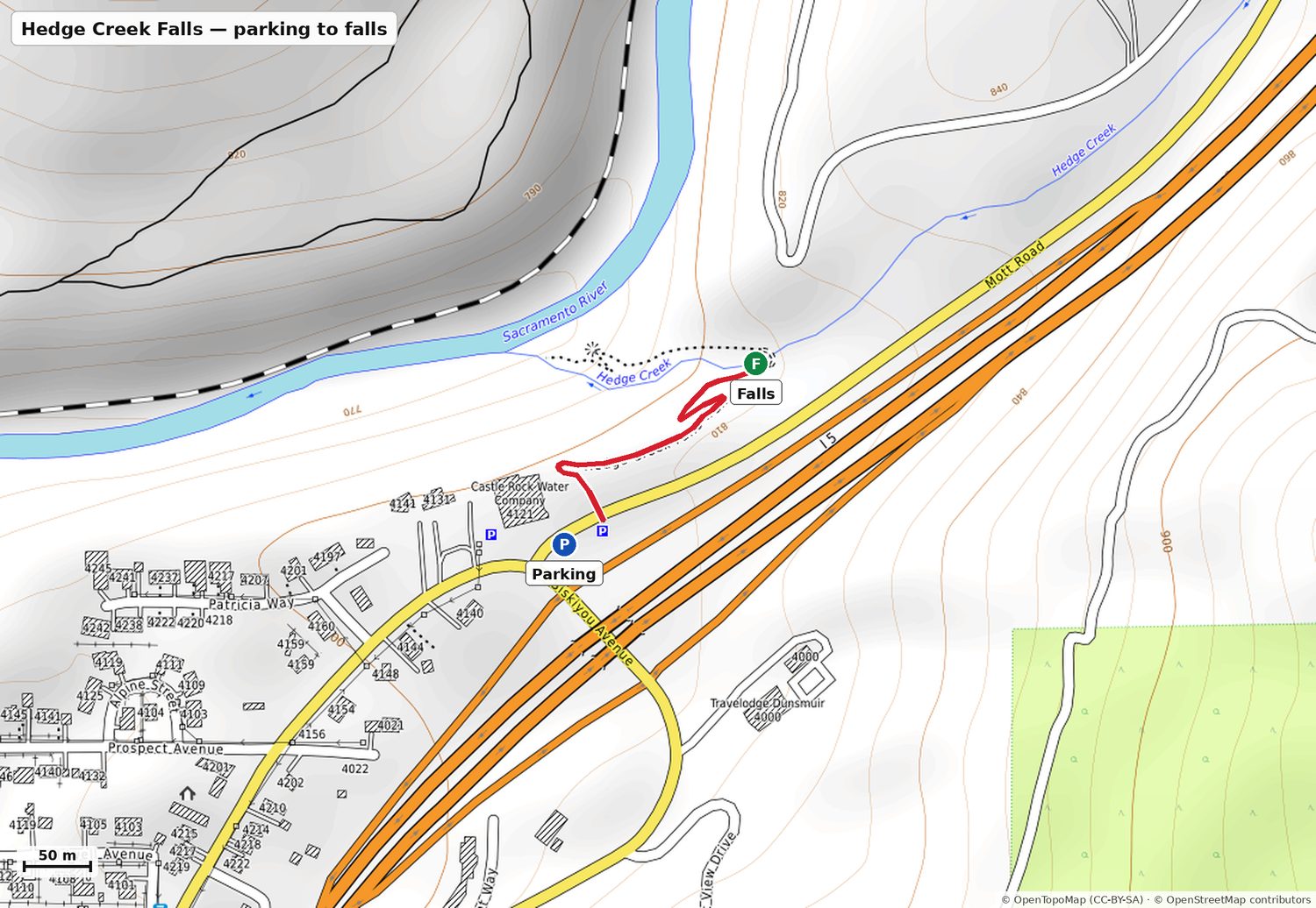 Map of the walk from parking to Hedge Creek Falls