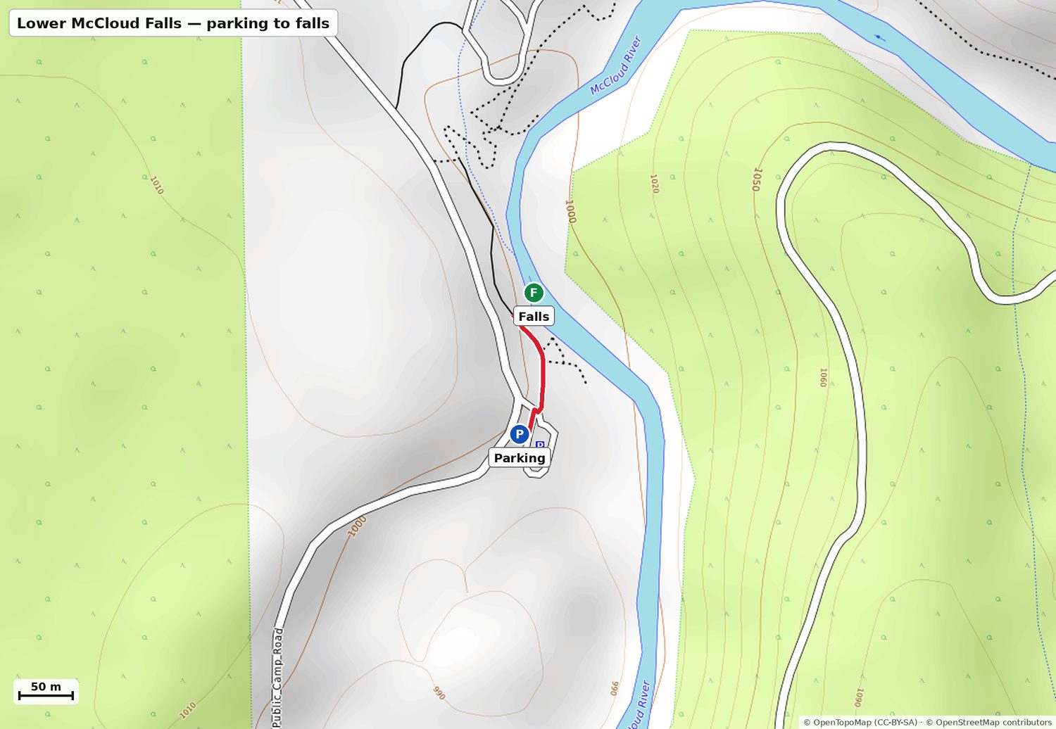 Map of the walk from parking to Lower McCloud Falls