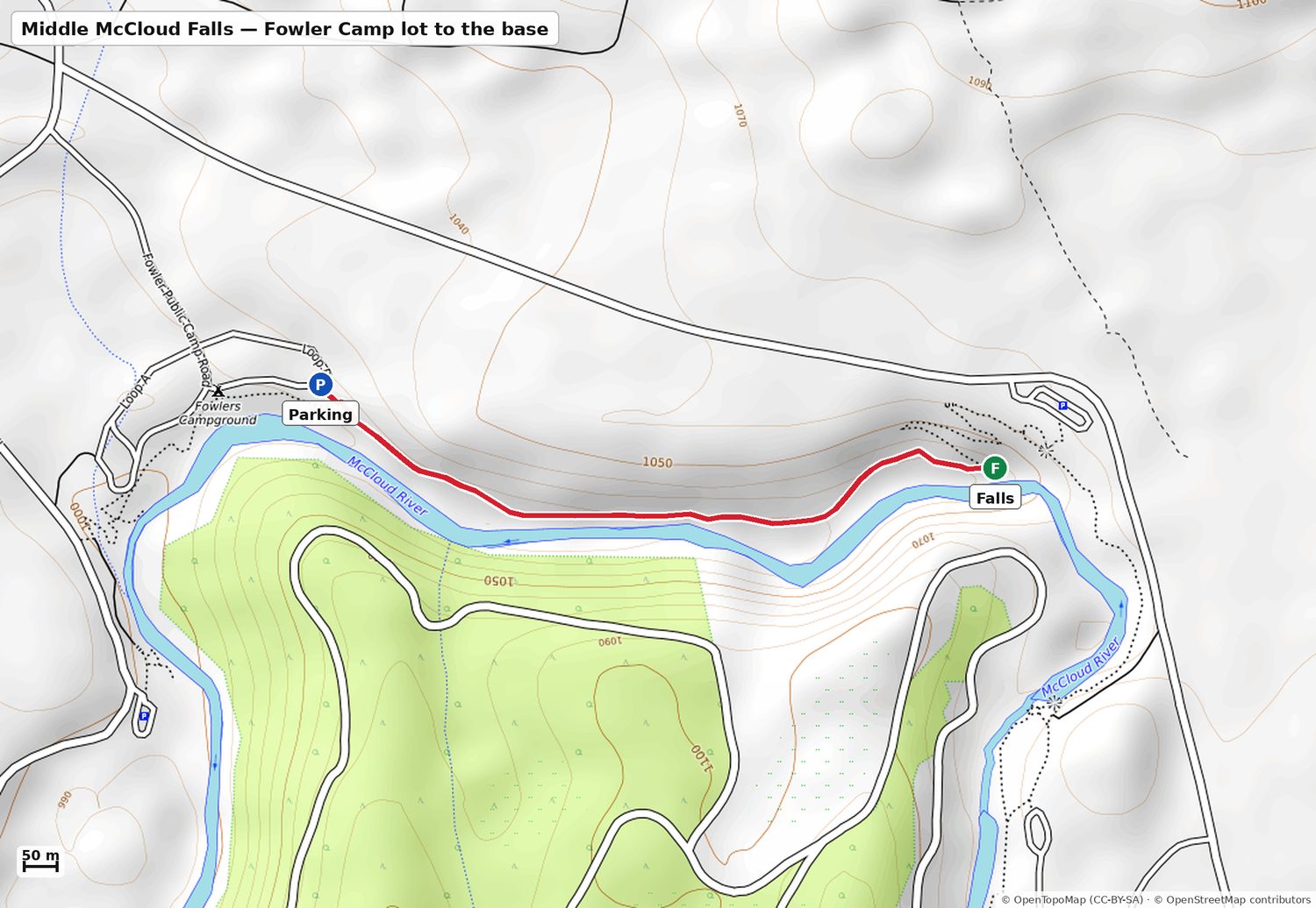 Map of the walk from parking to Middle McCloud Falls