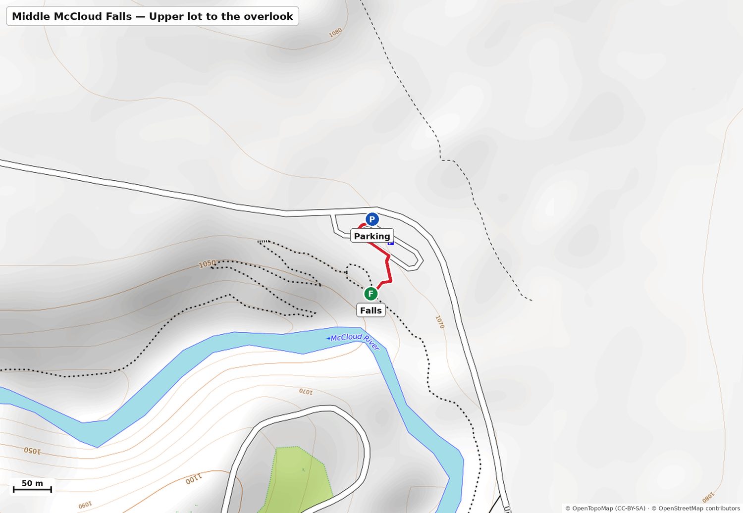 Map of the walk from parking to Middle McCloud Falls