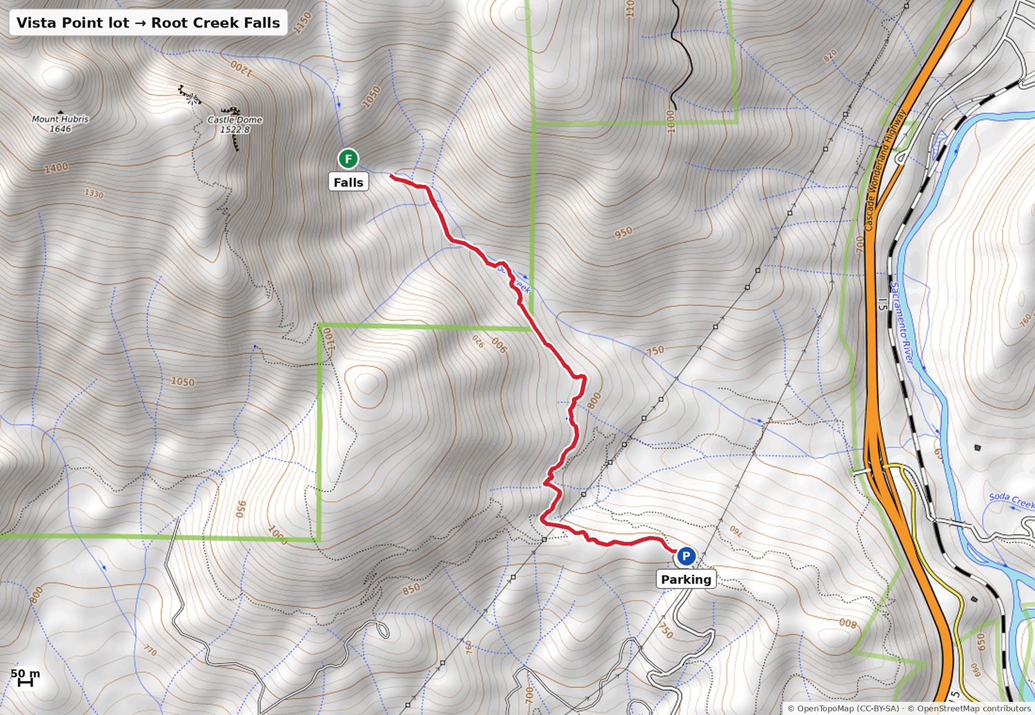 Map of the walk from parking to Root Creek Falls