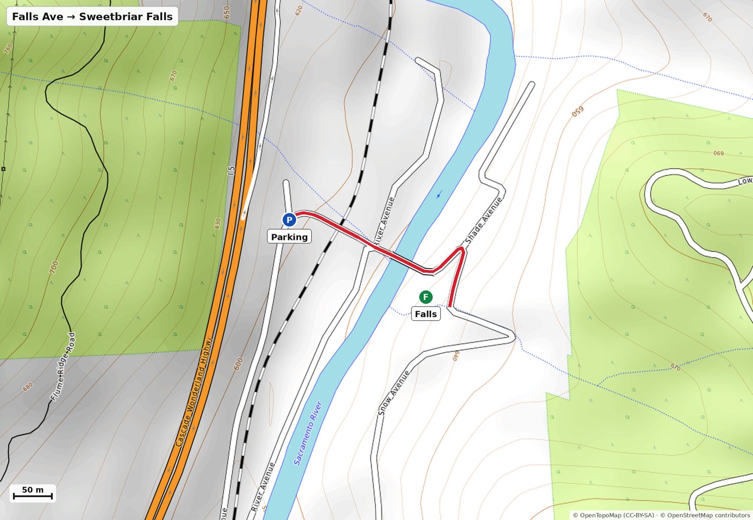 Map of the walk from parking to Sweetbriar Falls