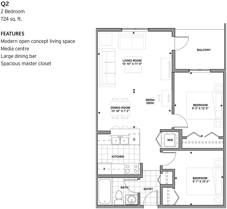 Builder floor plan, plan Q2, 2 bedroom, 724 square feet