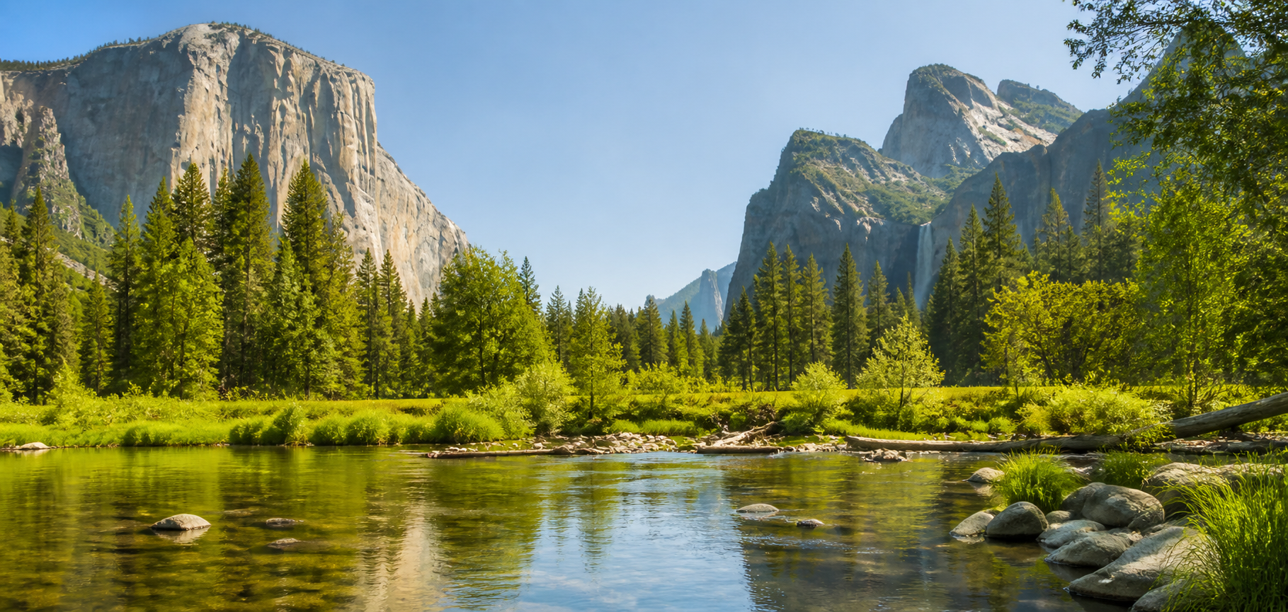 Yosemite Valley with granite cliffs and river light